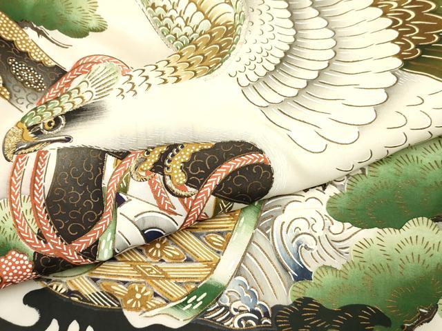平和屋着物[]お宮参り　男の子　祝着　産着　初着　のしめ　肌襦袢付き　刺繍　鷹　鷲　几帳松文　金彩　逸品　DAAY3199ma