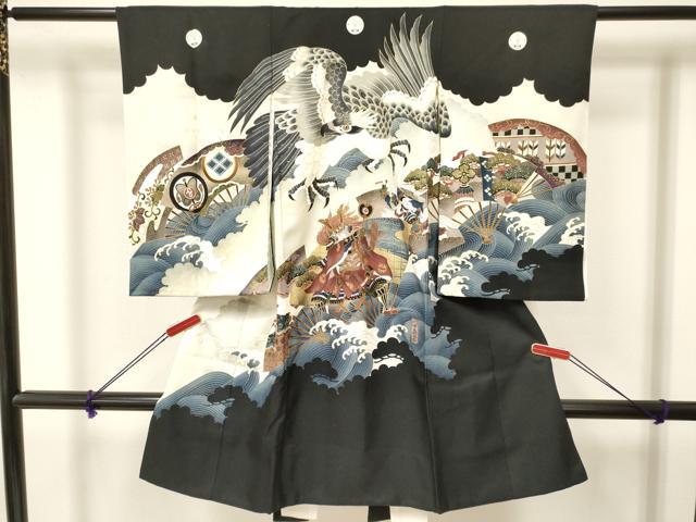 平和屋着物[]お宮参り　男の子　祝着　産着　初着　のしめ　手描き　鷹　鷲　川中島合戦　暈し染め　金彩　逸品　DAAY3203ma