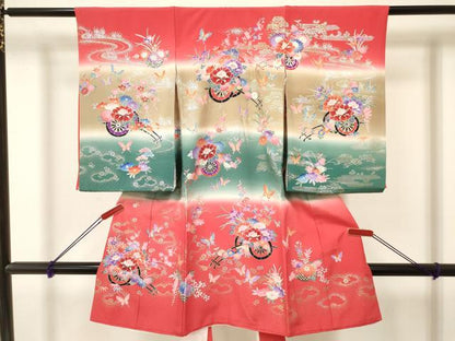 平和屋着物[]お宮参り　女の子　祝着　産着　初着　のしめ　舞蝶花車文　暈し染め　金銀彩　逸品　DAAY3212ma