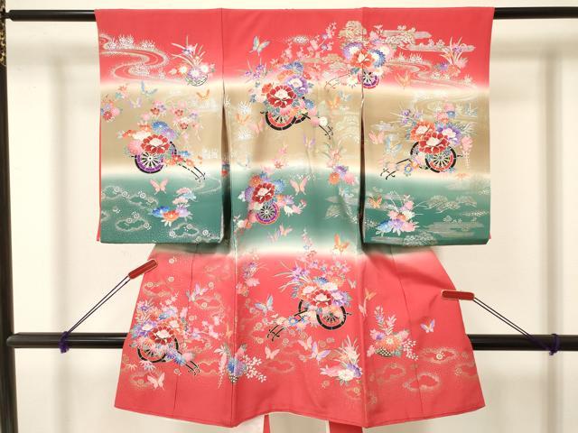 平和屋着物[]お宮参り　女の子　祝着　産着　初着　のしめ　舞蝶花車文　暈し染め　金銀彩　逸品　DAAY3212ma