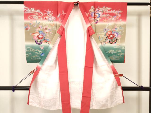 平和屋着物[]お宮参り　女の子　祝着　産着　初着　のしめ　舞蝶花車文　暈し染め　金銀彩　逸品　DAAY3212ma