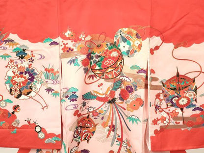 平和屋着物[]お宮参り　女の子　祝着　産着　初着　のしめ　鞠　雪輪糸車鳳凰花文　金彩　逸品　DAAY3217ma