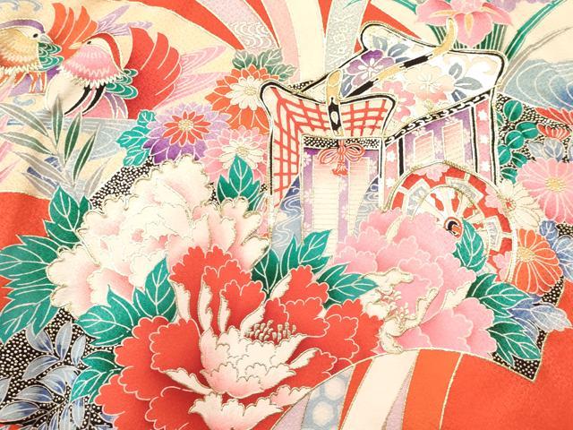平和屋着物[]お宮参り　女の子　祝着　産着　初着　のしめ　駒刺繍　地紙重ね御所車鴛鴦花文　金銀彩　逸品　DAAY3218ma