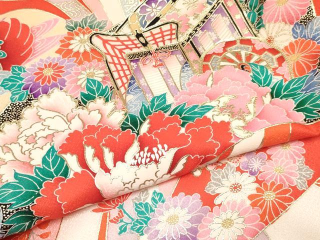平和屋着物[]お宮参り　女の子　祝着　産着　初着　のしめ　駒刺繍　地紙重ね御所車鴛鴦花文　金銀彩　逸品　DAAY3218ma