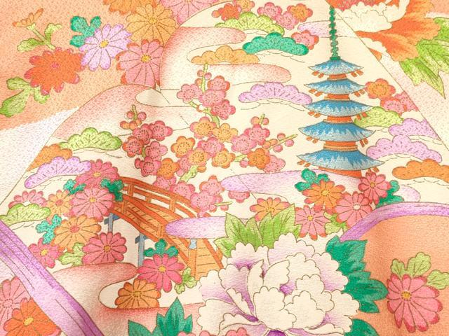 平和屋着物[]お宮参り　女の子　祝着　産着　初着　のしめ　冊子絵巻御所車風景花文　暈し染め　金彩　逸品　DAAY3222ma