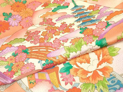 平和屋着物[]お宮参り　女の子　祝着　産着　初着　のしめ　冊子絵巻御所車風景花文　暈し染め　金彩　逸品　DAAY3222ma