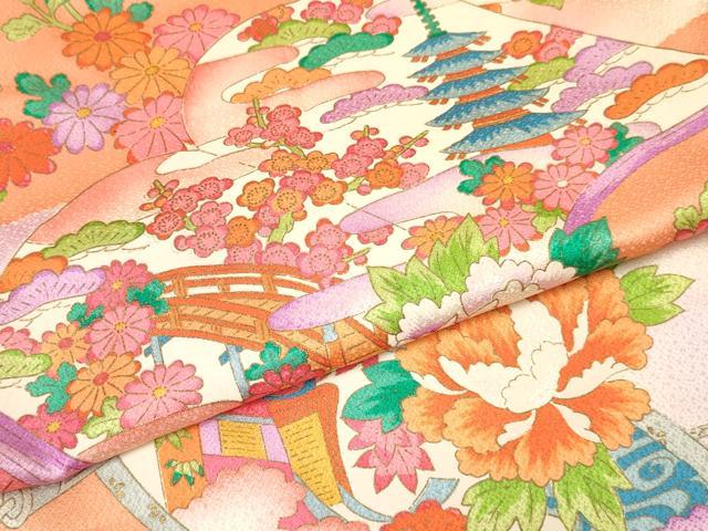 平和屋着物[]お宮参り　女の子　祝着　産着　初着　のしめ　冊子絵巻御所車風景花文　暈し染め　金彩　逸品　DAAY3222ma