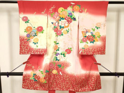 平和屋着物[]お宮参り　女の子　祝着　産着　初着　のしめ　地紙重ね鴛鴦花文　暈し染め　金彩　逸品　DAAY3227ma