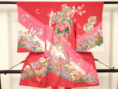 平和屋着物[]七五三　女の子　３歳　祝着　三つ身　長襦袢(袷)セット　鞠　御所車花蝶文　暈し染め　金彩　逸品　DAAY3232ma