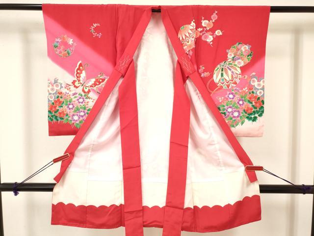 平和屋着物[]七五三　女の子　３歳　祝着　三つ身　長襦袢(袷)セット　鞠　御所車花蝶文　暈し染め　金彩　逸品　DAAY3232ma