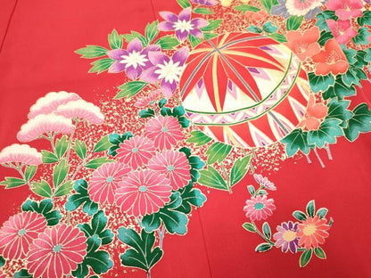 平和屋着物[]七五三　女の子　３歳　祝着　三つ身　長襦袢(袷)セット　鞠　御所車花蝶文　暈し染め　金彩　逸品　DAAY3232ma