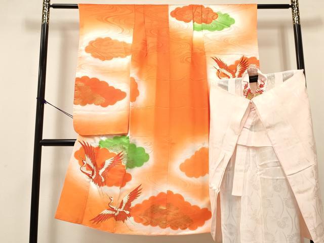 平和屋着物[]七五三　女の子　７歳　祝着　四つ身　長襦袢(無双仕立て)セット　駒刺繍　雲取り飛鶴文　暈し染め　金銀彩　逸品　DAAY3233ma