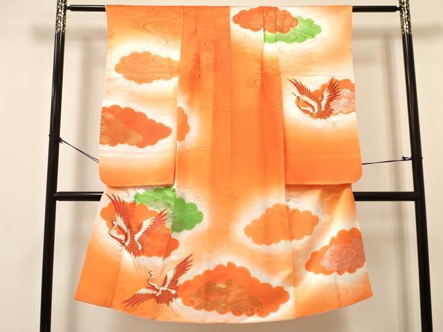 平和屋着物[]七五三　女の子　７歳　祝着　四つ身　長襦袢(無双仕立て)セット　駒刺繍　雲取り飛鶴文　暈し染め　金銀彩　逸品　DAAY3233ma