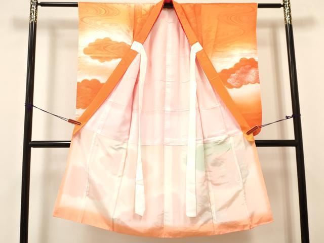 平和屋着物[]七五三　女の子　７歳　祝着　四つ身　長襦袢(無双仕立て)セット　駒刺繍　雲取り飛鶴文　暈し染め　金銀彩　逸品　DAAY3233ma