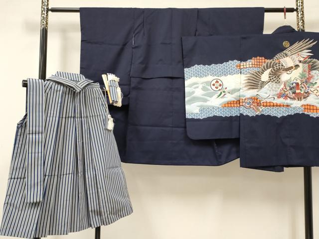 平和屋着物[]七五三　男の子　祝着・羽織・行灯袴・小物セット　鷹　鷲　宝船　金銀彩　洗える着物　DAAY3237ma