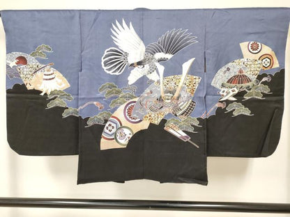 平和屋着物[]七五三　男の子　祝着・羽織・行灯袴・小物セット　鷹　鷲　龍　兜　破れ地紙吉祥文　金銀彩　逸品　DAAY3239ma