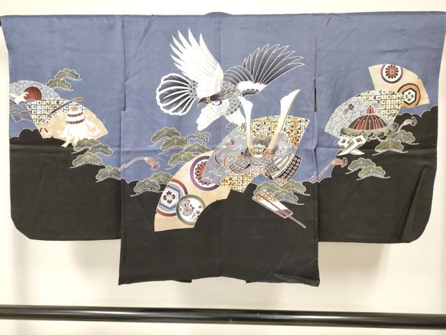 平和屋着物[]七五三　男の子　祝着・羽織・行灯袴・小物セット　鷹　鷲　龍　兜　破れ地紙吉祥文　金銀彩　逸品　DAAY3239ma