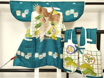 平和屋着物[]七五三　男の子　祝着・被布セット　鷹　鷲　松文　逸品　DAAY3243ma