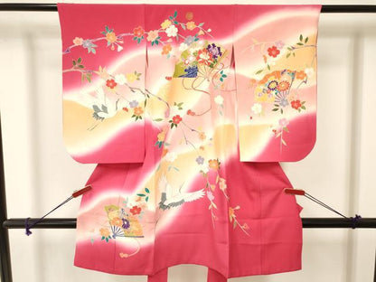 平和屋着物[]七五三　女の子　３歳　祝着　三つ身　飛鶴扇面花文　暈し染め　金彩　逸品　DAAY3244ma