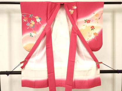 平和屋着物[]七五三　女の子　３歳　祝着　三つ身　飛鶴扇面花文　暈し染め　金彩　逸品　DAAY3244ma