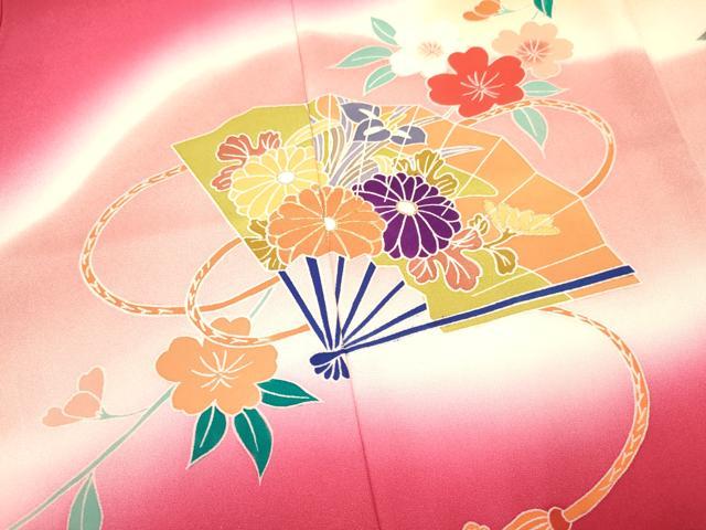平和屋着物[]七五三　女の子　３歳　祝着　三つ身　飛鶴扇面花文　暈し染め　金彩　逸品　DAAY3244ma