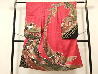 平和屋着物[]七五三　女の子　７歳　祝着　四つ身　折り鶴　熨斗御所車花文　金彩　逸品　DAAY3245ma