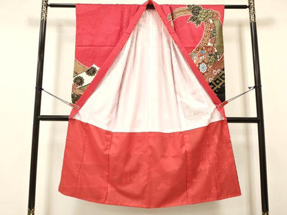平和屋着物[]七五三　女の子　７歳　祝着　四つ身　折り鶴　熨斗御所車花文　金彩　逸品　DAAY3245ma