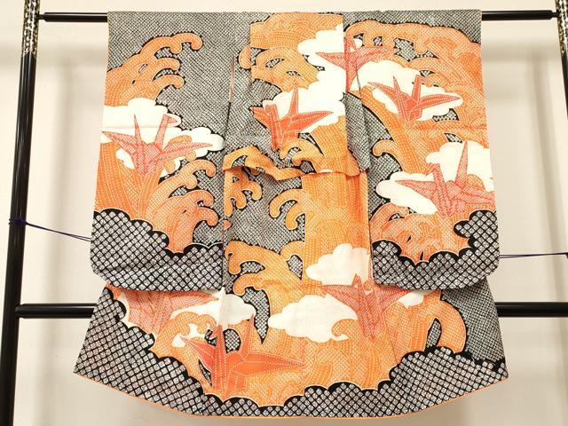 平和屋着物[]七五三　女の子　７歳　祝着　四つ身　駒刺繍　折り鶴　立波文　洗える着物　DAAY3248ma
