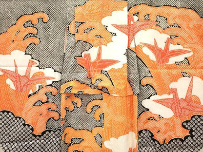 平和屋着物[]七五三　女の子　７歳　祝着　四つ身　駒刺繍　折り鶴　立波文　洗える着物　DAAY3248ma