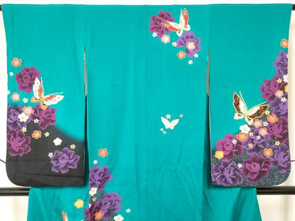 平和屋着物[]七五三　女の子　７歳　祝着　四つ身　花蝶文　暈し染め　金彩　逸品　DAAY3249ma