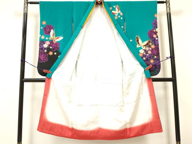 平和屋着物[]七五三　女の子　７歳　祝着　四つ身　花蝶文　暈し染め　金彩　逸品　DAAY3249ma