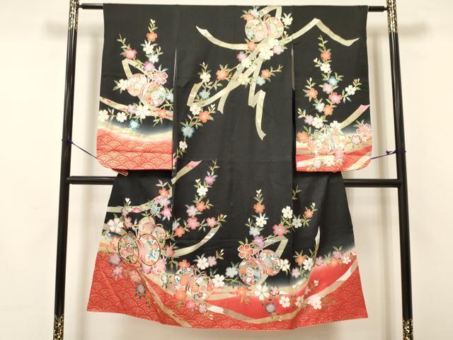 平和屋着物[]七五三　女の子　７歳　祝着　四つ身　駒刺繍　鼓花文　黒地　暈し染め　金彩　逸品　DAAY3251ma