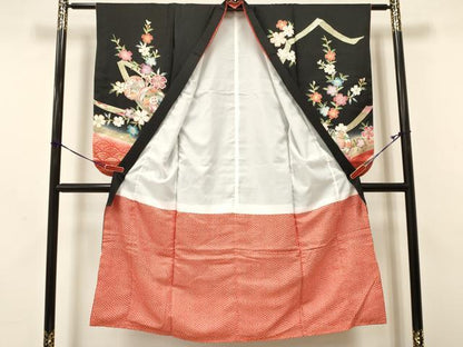 平和屋着物[]七五三　女の子　７歳　祝着　四つ身　駒刺繍　鼓花文　黒地　暈し染め　金彩　逸品　DAAY3251ma
