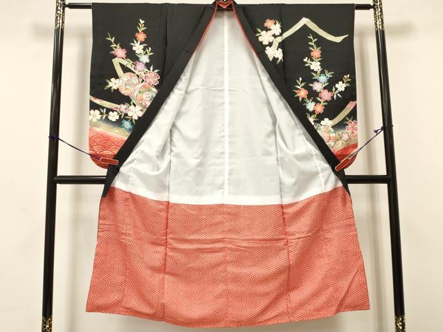 平和屋着物[]七五三　女の子　７歳　祝着　四つ身　駒刺繍　鼓花文　黒地　暈し染め　金彩　逸品　DAAY3251ma