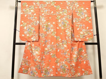 平和屋着物[]七五三　女の子　７歳　祝着　四つ身　露芝鼓扇面花文　金彩　逸品　DAAY3252ma