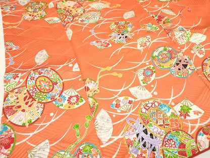 平和屋着物[]七五三　女の子　７歳　祝着　四つ身　露芝鼓扇面花文　金彩　逸品　DAAY3252ma