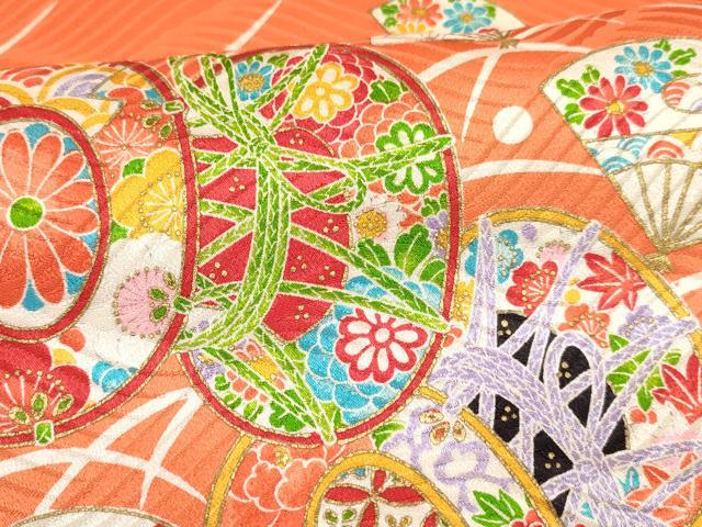 平和屋着物[]七五三　女の子　７歳　祝着　四つ身　露芝鼓扇面花文　金彩　逸品　DAAY3252ma