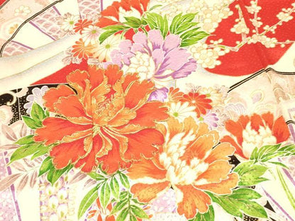 平和屋着物[]七五三　女の子　７歳　祝着　四つ身　駒刺繍　乱菊　立波片輪車牡丹花文　金彩　逸品　DAAY3255ma