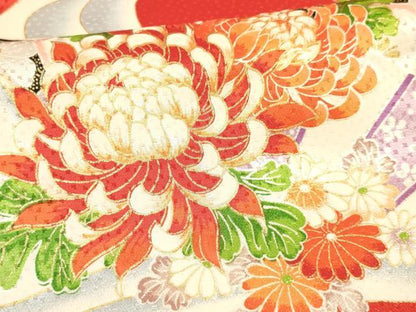 平和屋着物[]七五三　女の子　７歳　祝着　四つ身　駒刺繍　乱菊　立波片輪車牡丹花文　金彩　逸品　DAAY3255ma