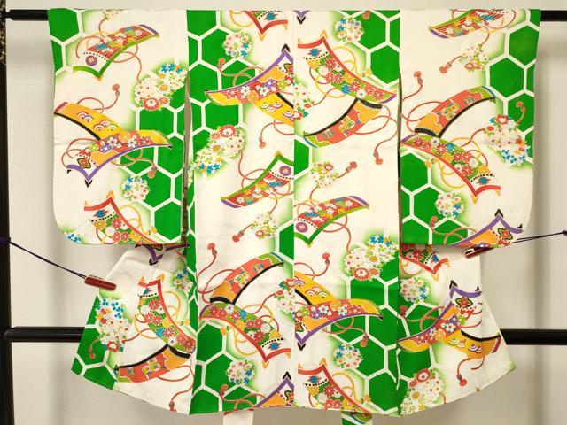 平和屋着物[]七五三　女の子　３歳　祝着　三つ身　楽器花文　暈し染め　金彩　逸品　DAAY3257ma