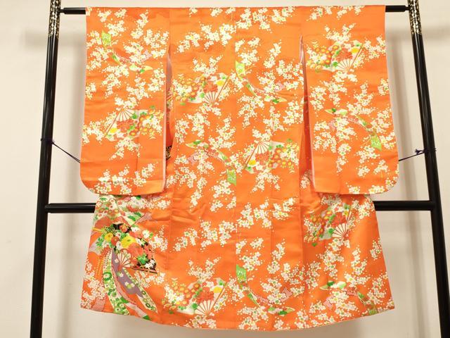 平和屋着物[]七五三　女の子　７歳　祝着　四つ身　駒刺繍　扇面花文　金彩　洗える着物　DAAY3259ma