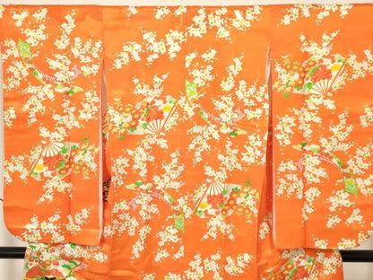 平和屋着物[]七五三　女の子　７歳　祝着　四つ身　駒刺繍　扇面花文　金彩　洗える着物　DAAY3259ma