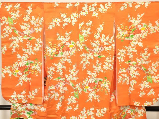 平和屋着物[]七五三　女の子　７歳　祝着　四つ身　駒刺繍　扇面花文　金彩　洗える着物　DAAY3259ma