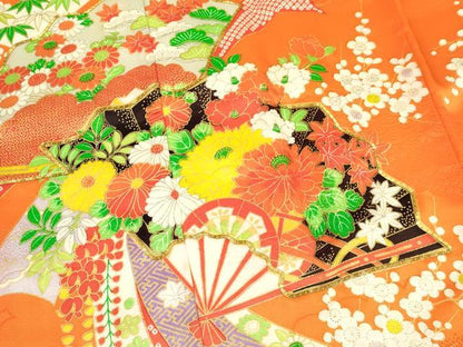 平和屋着物[]七五三　女の子　７歳　祝着　四つ身　駒刺繍　扇面花文　金彩　洗える着物　DAAY3259ma