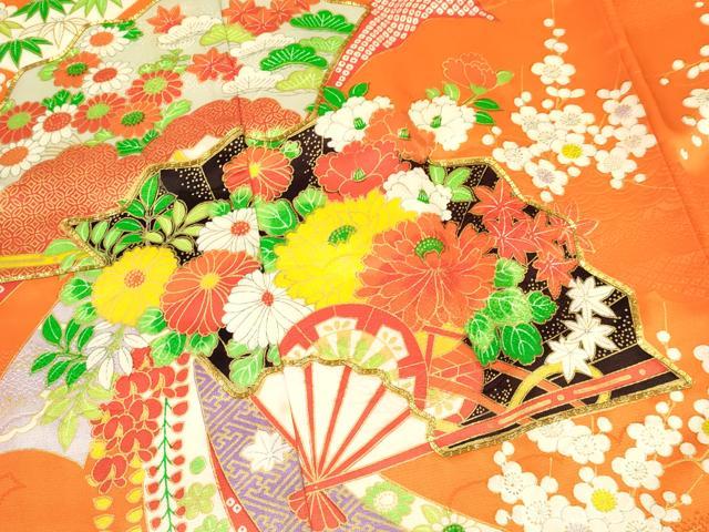 平和屋着物[]七五三　女の子　７歳　祝着　四つ身　駒刺繍　扇面花文　金彩　洗える着物　DAAY3259ma