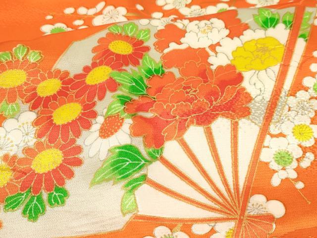 平和屋着物[]七五三　女の子　７歳　祝着　四つ身　駒刺繍　扇面花文　金彩　洗える着物　DAAY3259ma