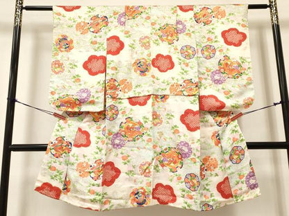 平和屋着物[]七五三　女の子　７歳　祝着　四つ身　絞り　花鳥絵皿文　暈し染め　金彩　逸品　DAAY3261ma