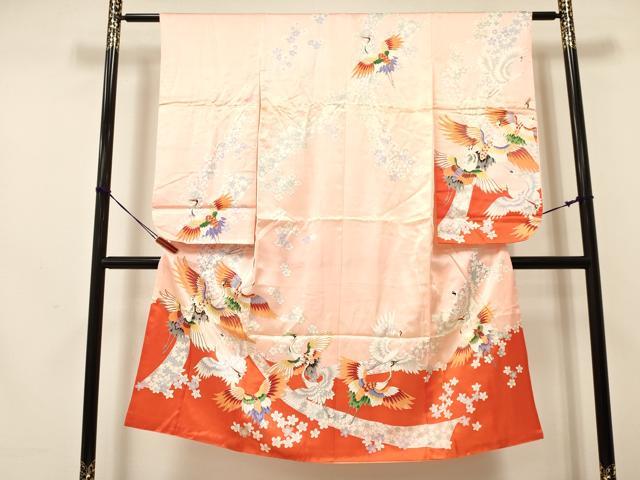 平和屋着物[]七五三　女の子　７歳　祝着　四つ身　駒刺繍　群れ鶴花文　金彩　逸品　DAAY3262ma