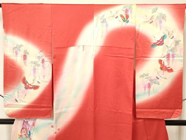 平和屋着物[]七五三　女の子　７歳　祝着　四つ身　御所車飛鶴花文　暈し染め　金銀彩　逸品　DAAY3264ma