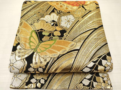 平和屋着物∵子供　両面　全通柄袋帯　流水花蝶文　金銀糸　逸品　DAAY3266ma
